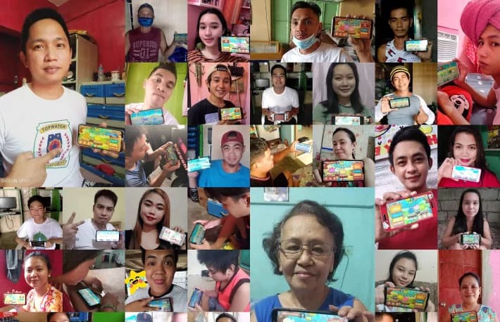 Collage of people from the Philippines playing Axie Infinity on their mobile phones