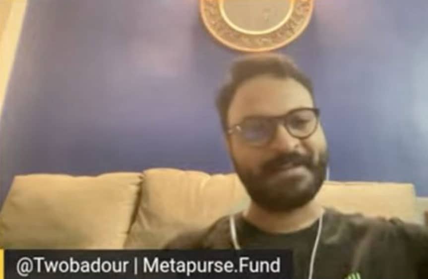 Screenshot of Metapurse's Twobadour in a virtual fireside chat with Leah Callon-Butler, presented by Binance